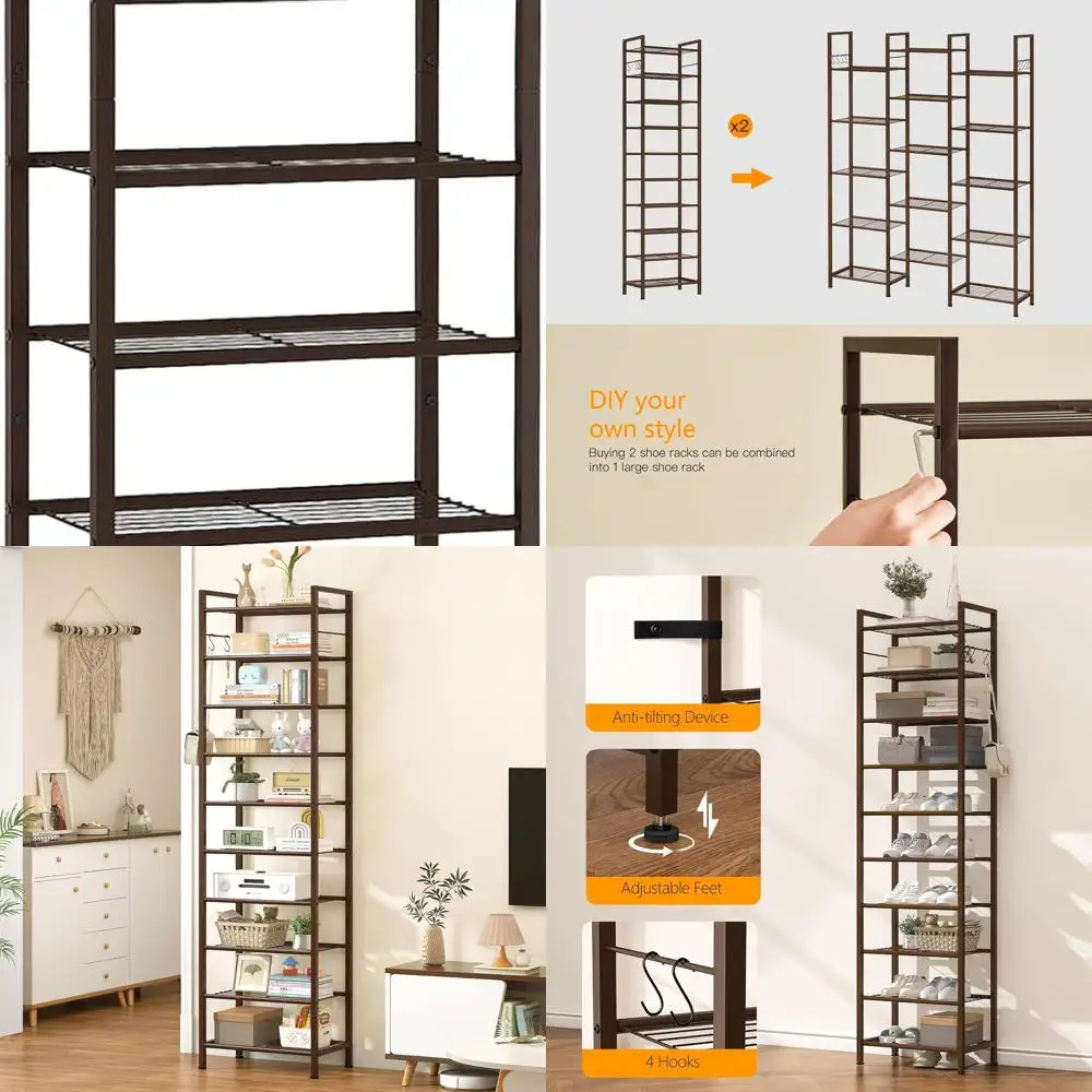 

Sturdy Bronze Metal Shoe Rack - 10-Tier Vertical Organizer for 20-30 Pairs with Hooks, Slim Storage for Entryway & Closets