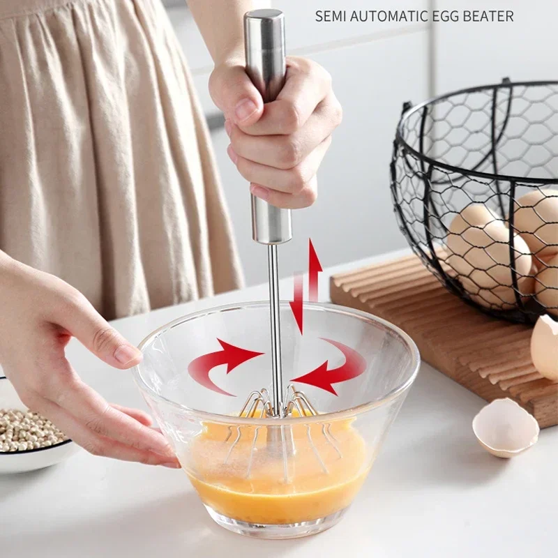 Semi-automatic Egg Beater 304 Stainless Steel Egg Whisk Manual Hand Mixer Self Turning Egg Stirrer Kitchen Accessories Egg Tools