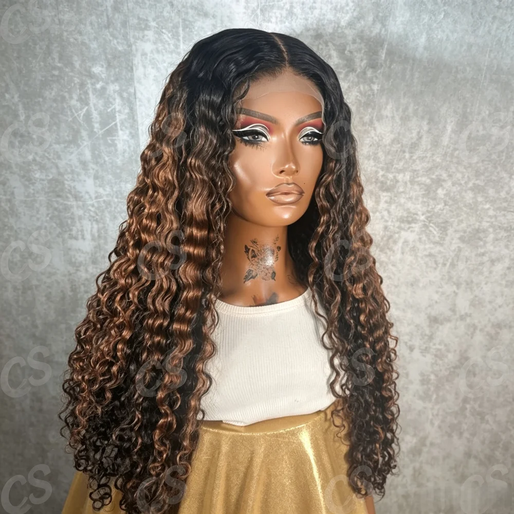

26Inch Soft Ombre Brown Kinky Curly Lace Front Wig Preplucked Glueless with Baby Hair for Women Synthetic Daily Wig