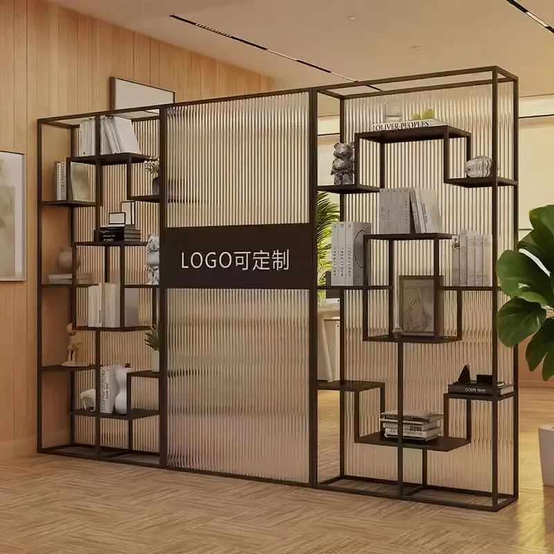Office Glass Partition Shelf Company Entrance Front Desk Logo Image Wall Screen Display Stand