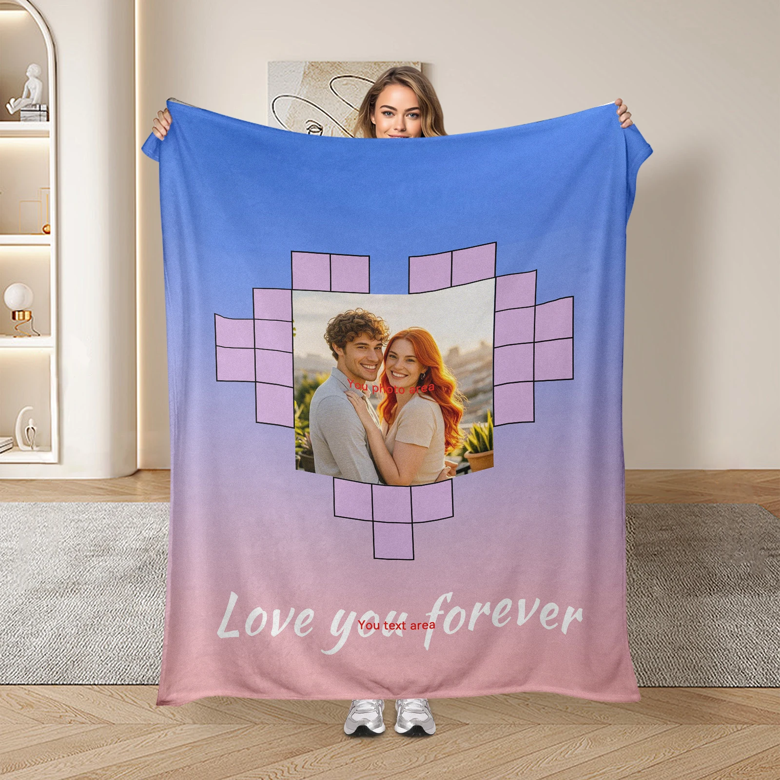 

Valentine'S Flannel Blanket With Custom Image Sweet Text And Heart Icons For Couples To Treasure Moments