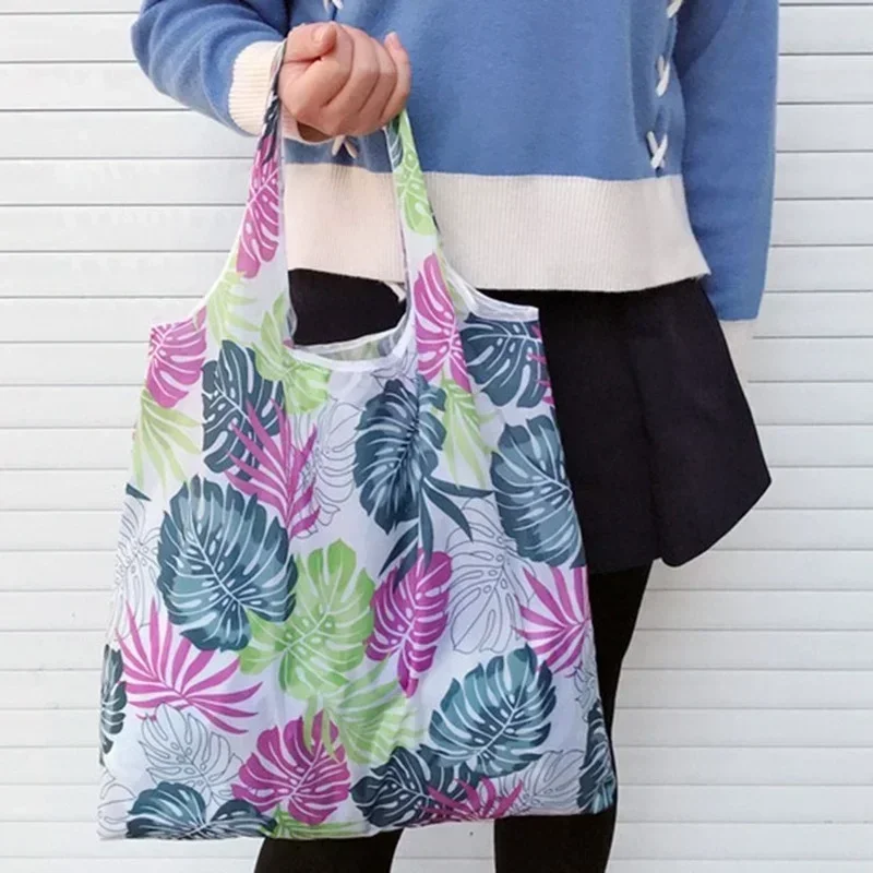 Fashion Flower Print Women\'s Handbags Foldable Eco Shopping Bag Tote Pouch Reusable Grocery Storage Bag Organizer Shopper Bags