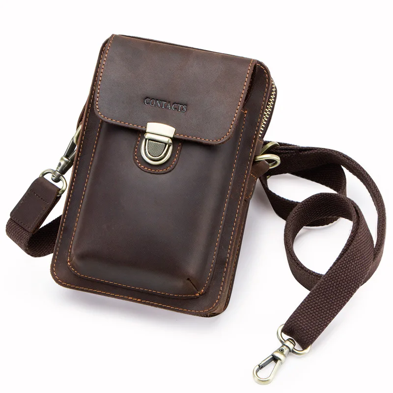 

Fashion Luxury Men Waist Pack Genuine Leather Vintage Travel Cell Phone Bag With Zipper Pocket Card Holder For Male Shoulder Bag