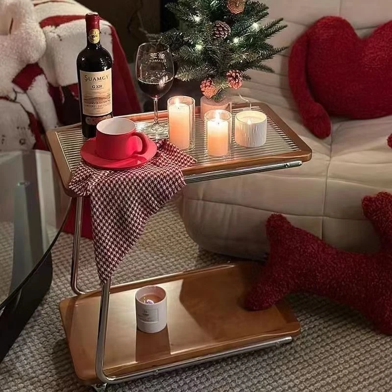 Simple solid wood edge few living room coffee table movable trolley glass