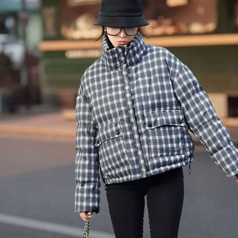 Winter Kurze Stehkragen Grid Puff Unten Jacke Weibliche Flauschigen Dicke Warme Zipper Jacken Frauen Weiße Ente Unten Parker Outwears