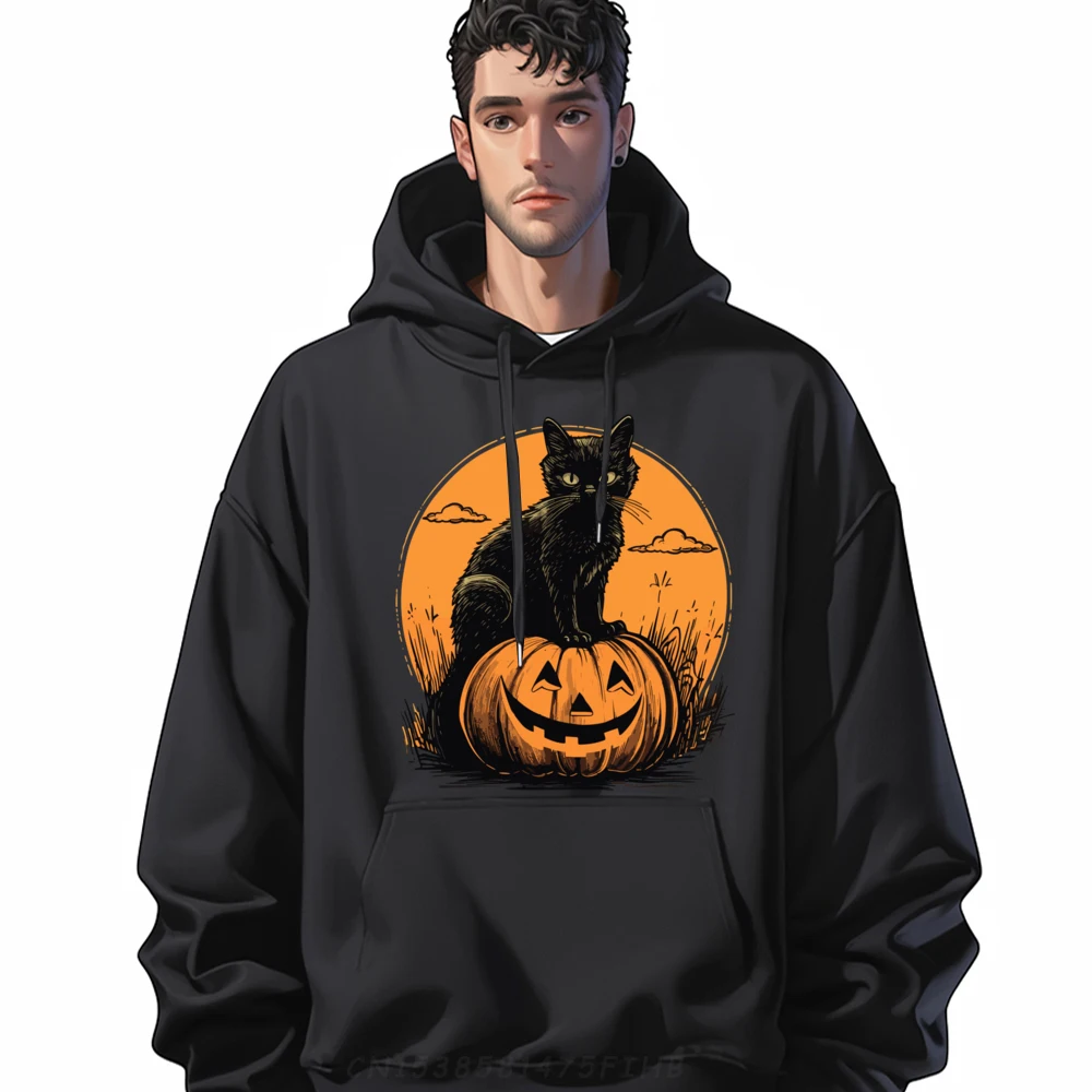 

Black Cat Pumpkin Halloween Costume Cat Lover Men Red And Black Graphic Hoodies Oversized Hoodies Men Sweater Gift