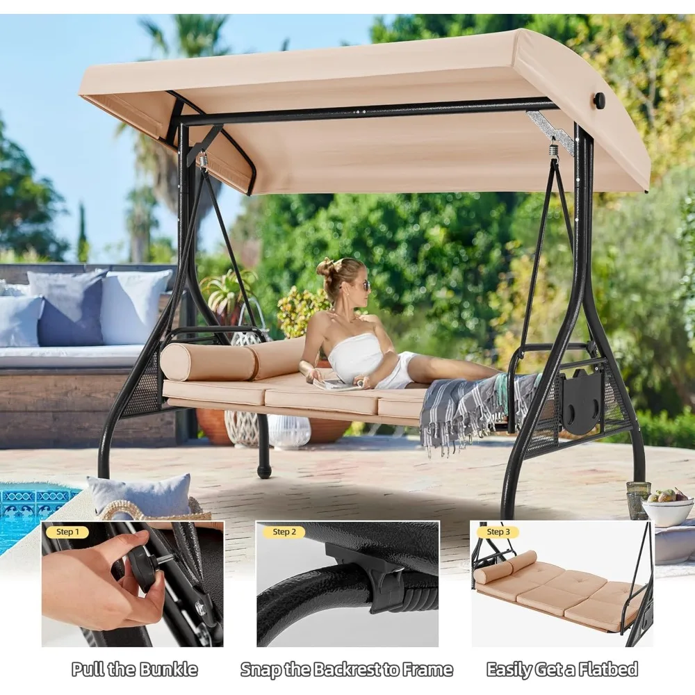 3 Seat Outdoor Porch Swing with Adjustable Canopy, Convertible Patio Swing Bed with Stand, Glider Swing for Relaxation