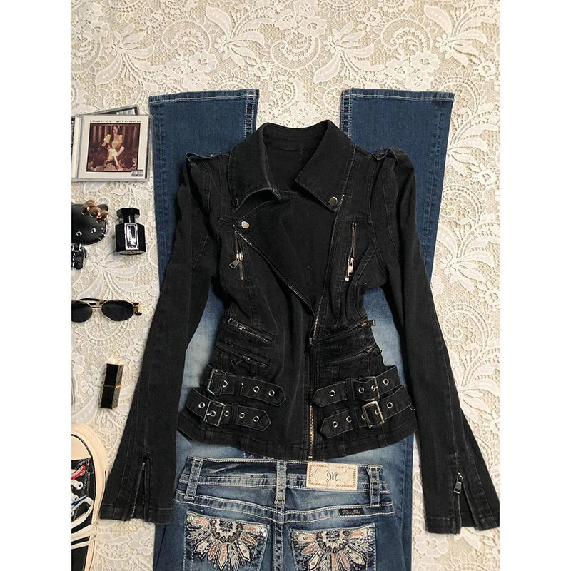 

MEXZT Y2K Cropped Denim Jackets Women Harajuku Vintage Black Jeans Coats Streetwear Grunge Gothic Long Sleeve Zipper Outerwears