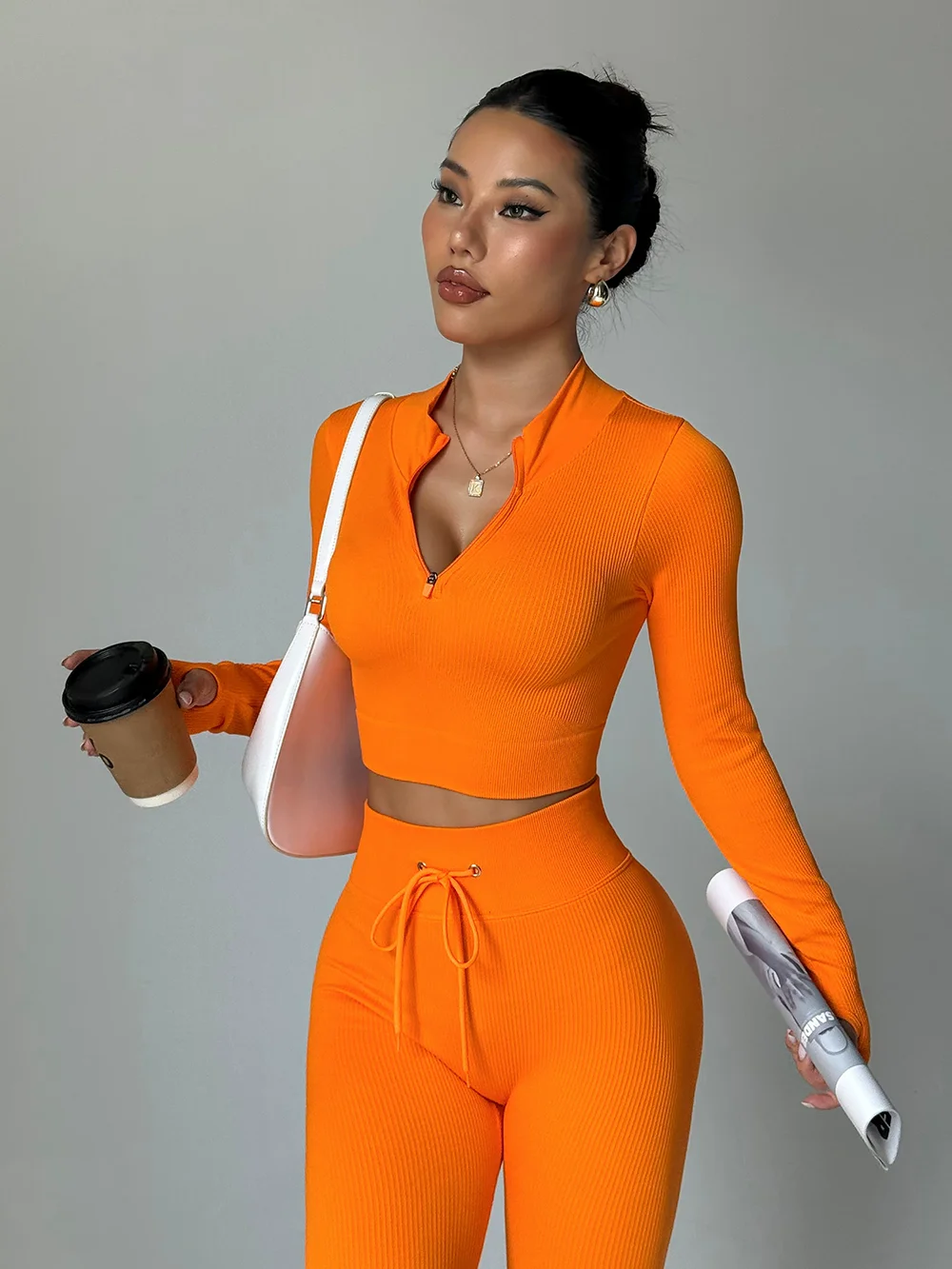 Fashionable Two-Piece Yoga Suit Long-Sleeved Sportswear Women's Zipper Fitness Suit Sexy Yoga Top And Long Pants