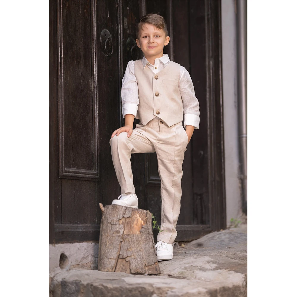 Suits Boys Beige Linen Outfits 2 Pieces Summer Casual Suit Vest Pants Single Breasted Gilet Ring Bearer Wedding Party Tuxedo