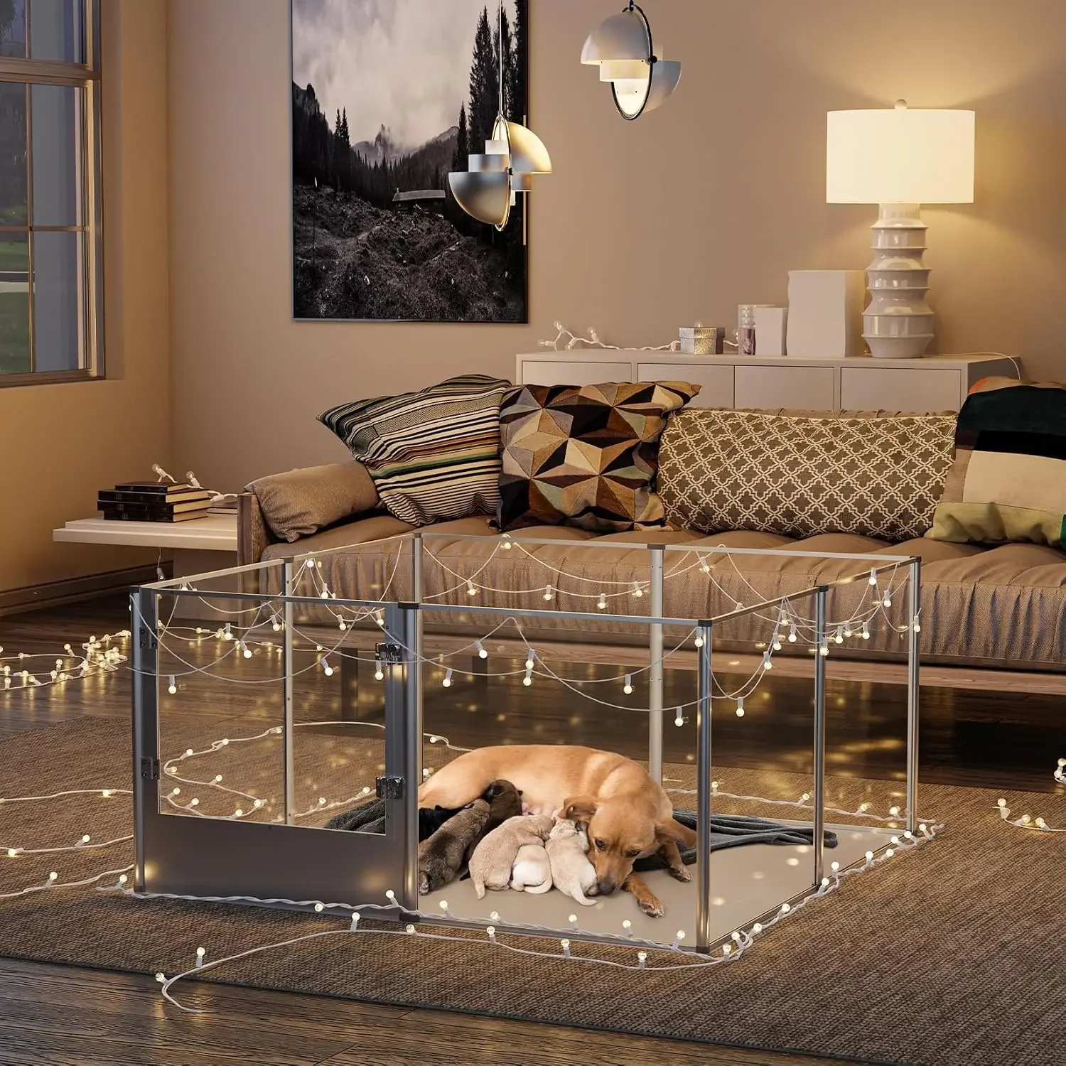 Clear Dog Playpen Fence: Indoor Pet Whelping Box Pen with Waterproof whelping pad - Small Animal Acrylic Exercise Kennel