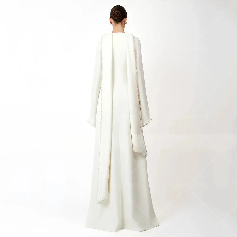 العرف الحديثة جيرسي الساتان كم طويل مطرز اللؤلؤ ثوب الزفاف مساء ثوب مستقيم العربية السعودية طول الأرض مع شال