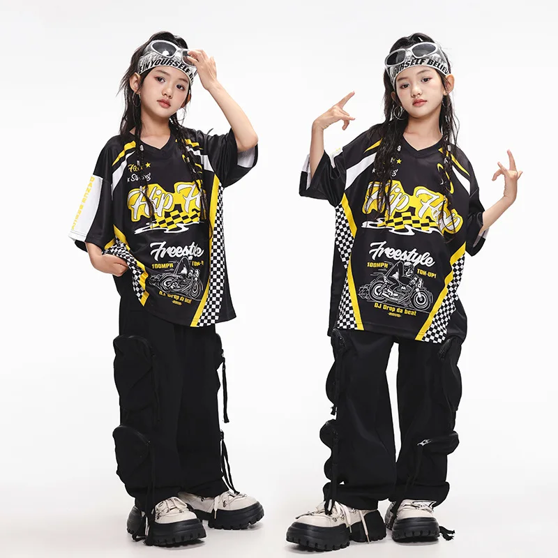 Set di abiti da ballo Hip Hop per ragazze T-shirt nera Pantaloni larghi Jogger estivo Street Dancewear Gruppo Jazz Pratica Performance Costume