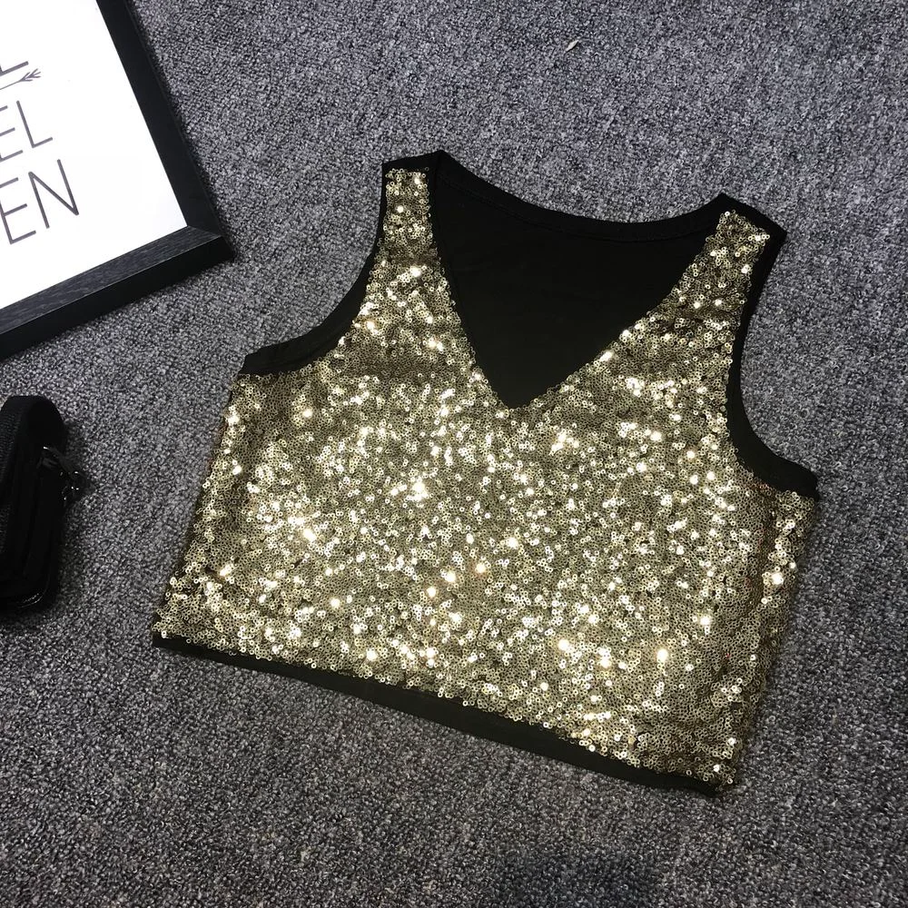 Fashion new sexy short version half sequin vest stage performance clothes sleeveless waist exposed navel short top women