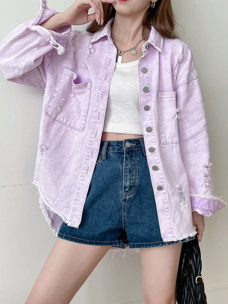 Vintage Hollow Out Ripped Jean Jacket Coat Women Turn-Down Collar Single-Breasted Winter Coat Female Denim Jacket Coat 2024 New