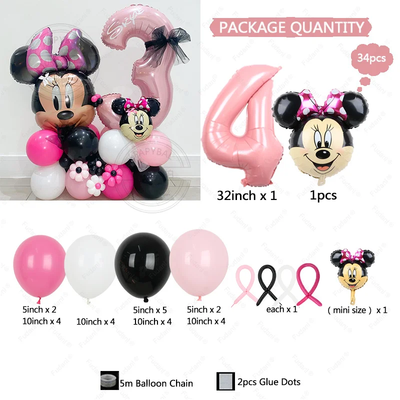 34Pcs Disney Minnie Mouse Theme Balloon Column with Black Pink Latex Balloons for Girl Baby Shower Decorative Balloons for Party