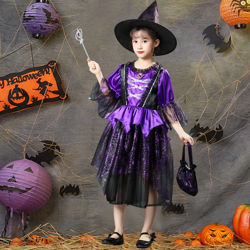 

Witch Cosplay Dresss Girls Halloween Cosutme Purple Solid Tulle Dresses Party Performance Clothes with Hat and Handbag 2-12Years