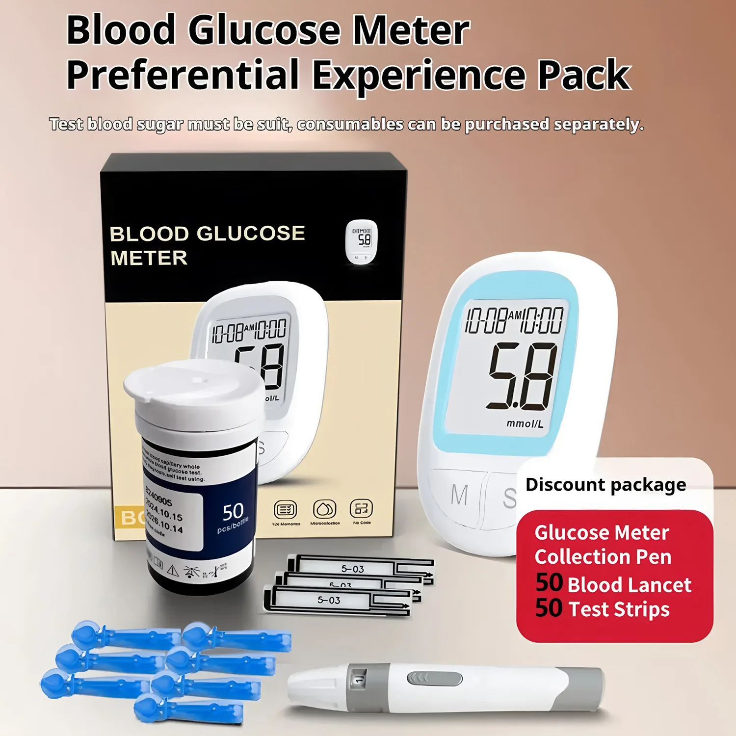 Alextrasza Glucómetro médico 50 UNIDS SET Medidor de glucosa en sangre Mmol/L Mg/dl Glucometro para Diabetes Tiras reactivas de azúcar Lancets