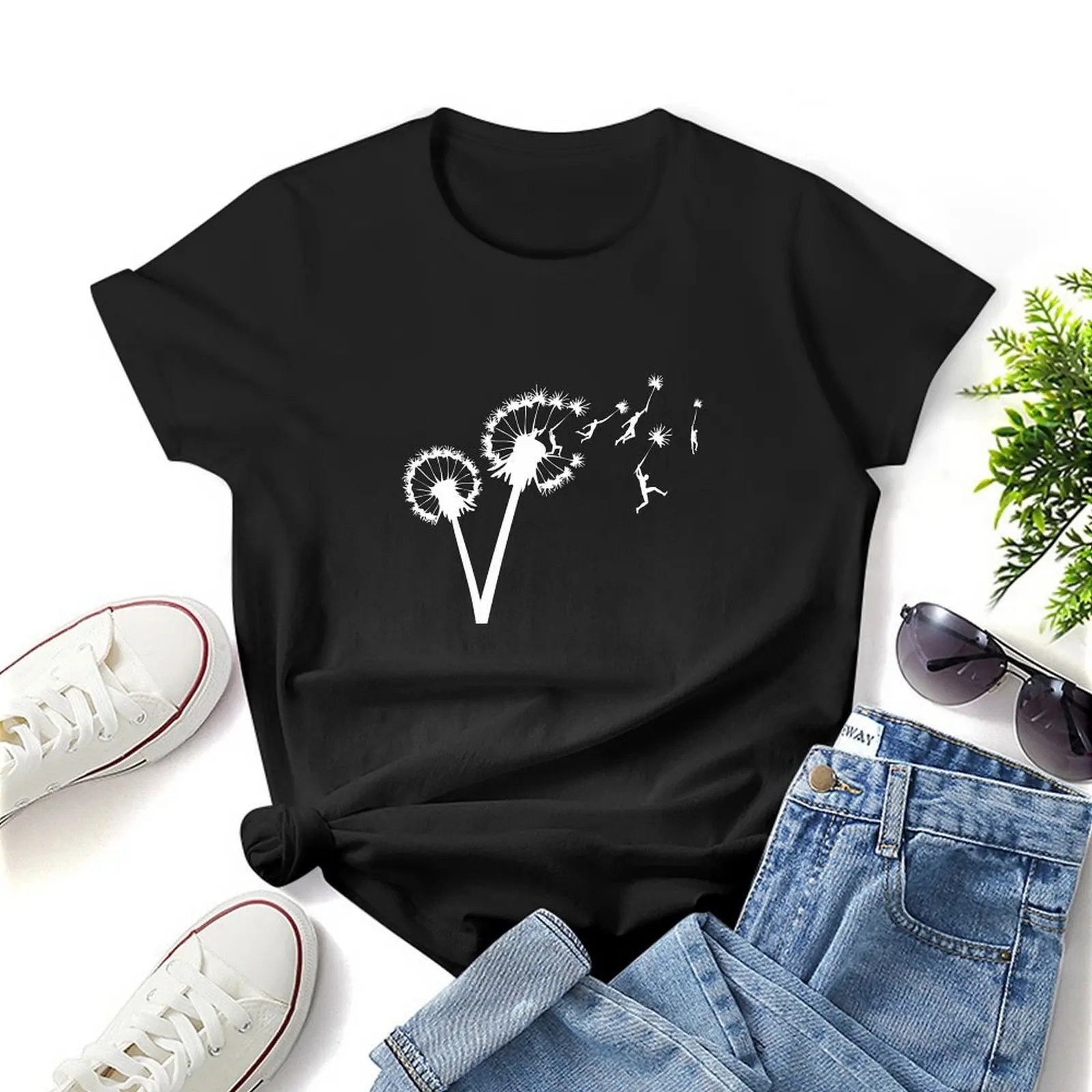 Dandylion Flight - white silhouette t-shirt nero divertente abbigliamento estetico magliette donna