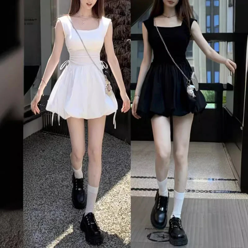 الباليه نمط ساحة الرقبة الرباط التعادل نفخة فستان صيف جديد فتاة حلوة الخصر مقصوص سترة فستان قصير