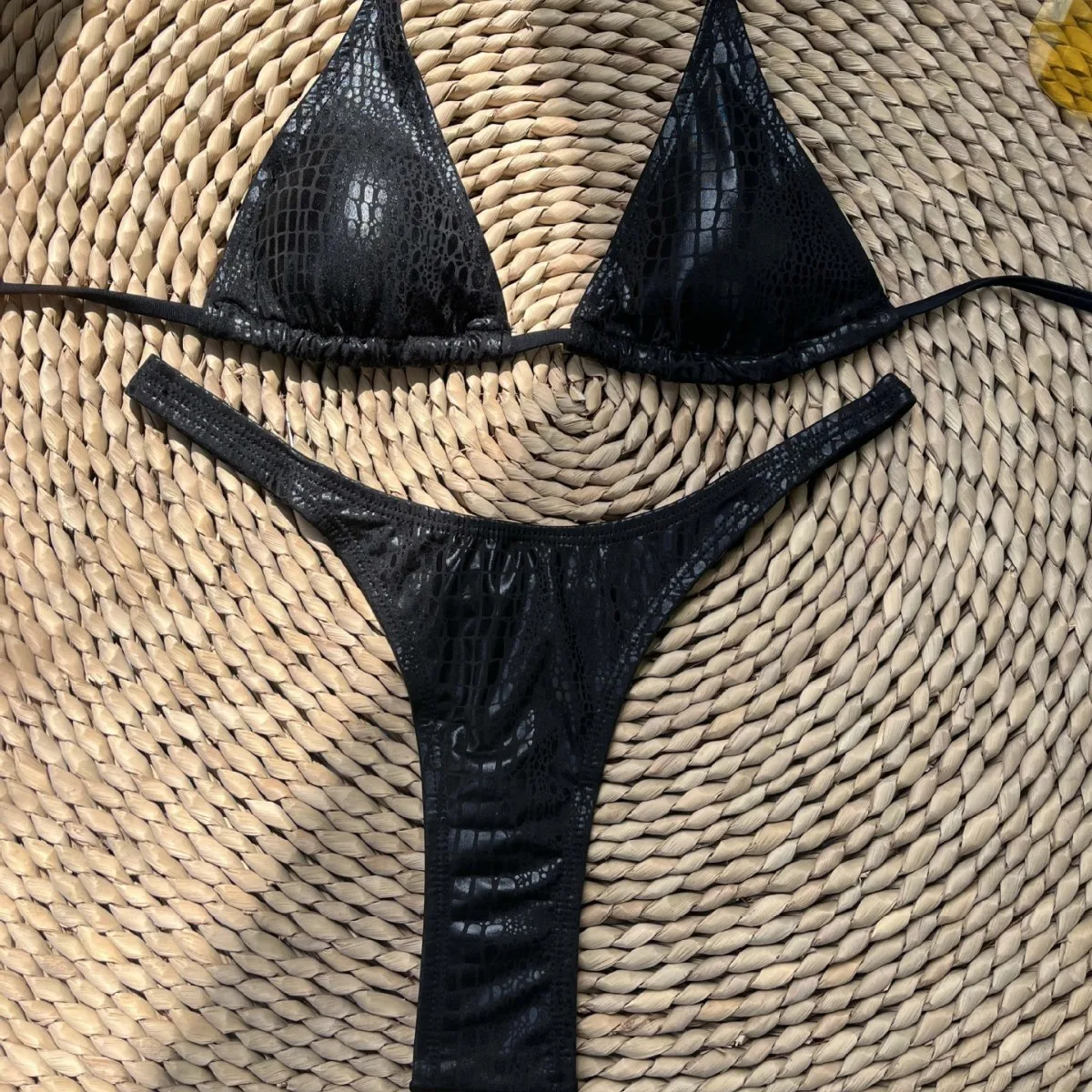 Black Shiny Snake Print PU Micro Bikini Set Women's Triangle Swimwear Diamond Thong Swimsuit Swim Wear Halter Beachwear 2pcs