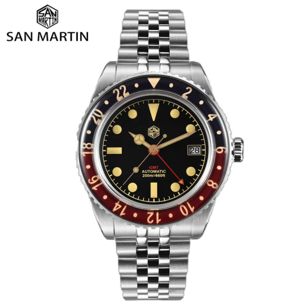 

San Martin 40mm NH34 GMT Watch Classic Retro Men Self-Wind 3H Date 20Bar Waterproof C3 Green Lume Sapphire Bezel SN0005B-1S