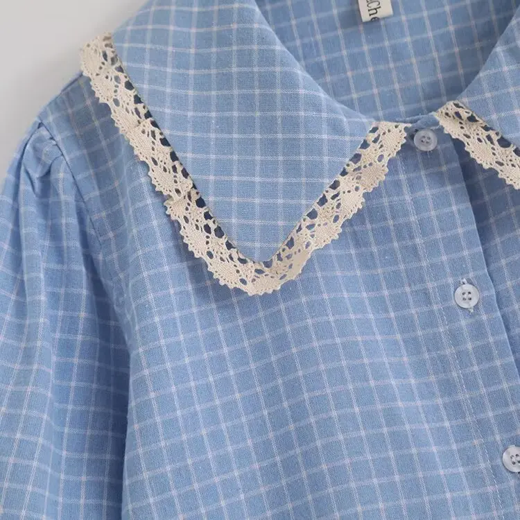 Japonês doce mori menina vintage xadrez rendas retalhos camisas femininas verão bonito peter pan colarinho manga curta blusa casual topos