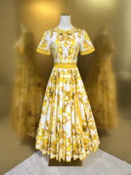 Women's Retro Yellow Porcelain Print Dress, 100% Cotton, Sexy, Short-Sleeved, Summer Style, 2024