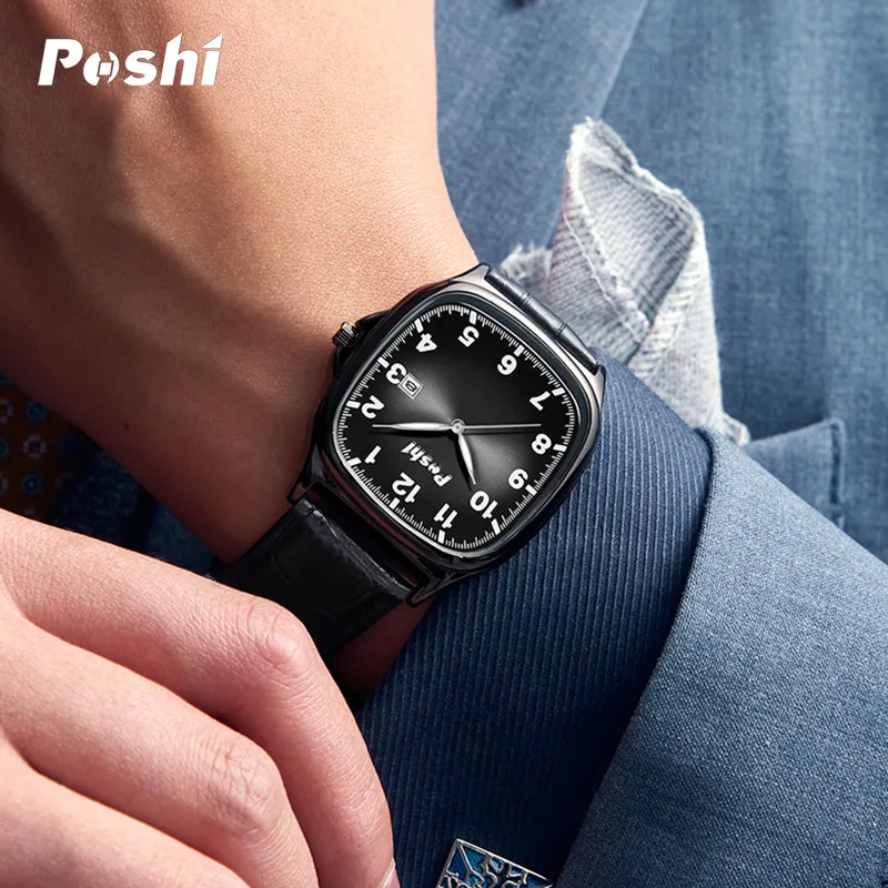 POSHI Men Watch Fashion Leather Strap Quartz Watches Waterproof Luminous Calendar Top Brand Luxury Casual Sport Men\'s Wristwatch