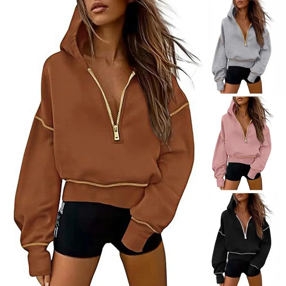 Effen kleur sweatshirt met capuchon, effen kleur damespullovertop met ritssluiting en lange mouwen