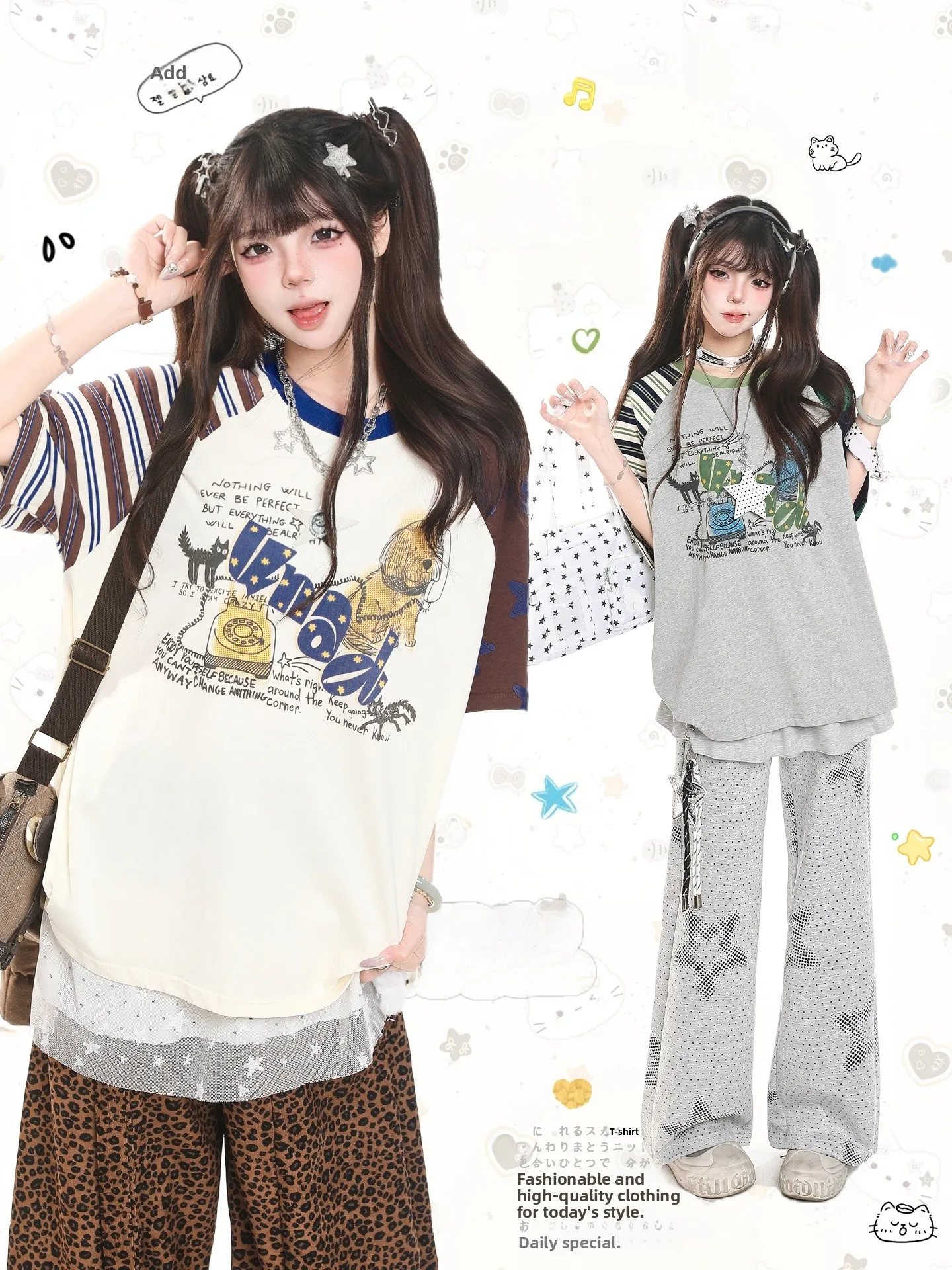 

American Retro Cartoon Print Short Sleeve T-Shirt Women Summer Lazy Style Loose Color Block Super Beautiful Top Casual Loose Fit