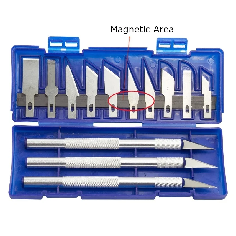 13pcs Metal Scalpel Knife Portable Blue Box includes 3pcs Carving Handles 10pcs Knife Blades DIY Repair Tool Metal Carving Knife