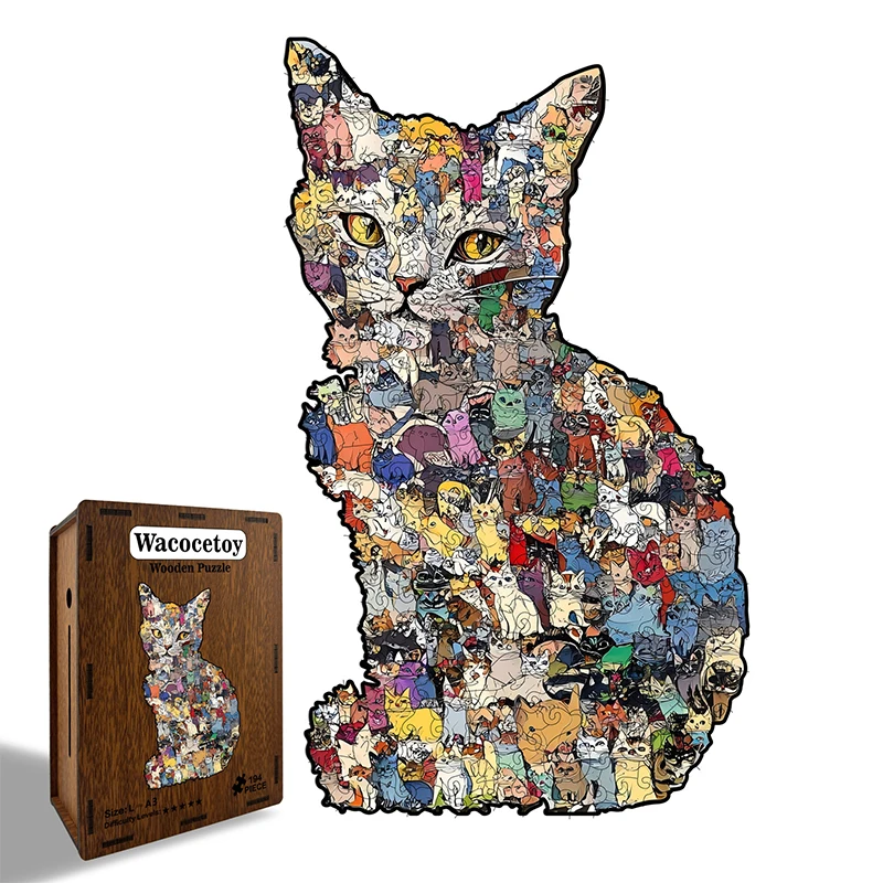 194 Stück Holzpuzzle in Katzenform, unregelmäßige Puzzleteile, Spiel, Geburtstag, Weihnachtsgeschenke für Katzenliebhaber, Spardose, Heimdekoration