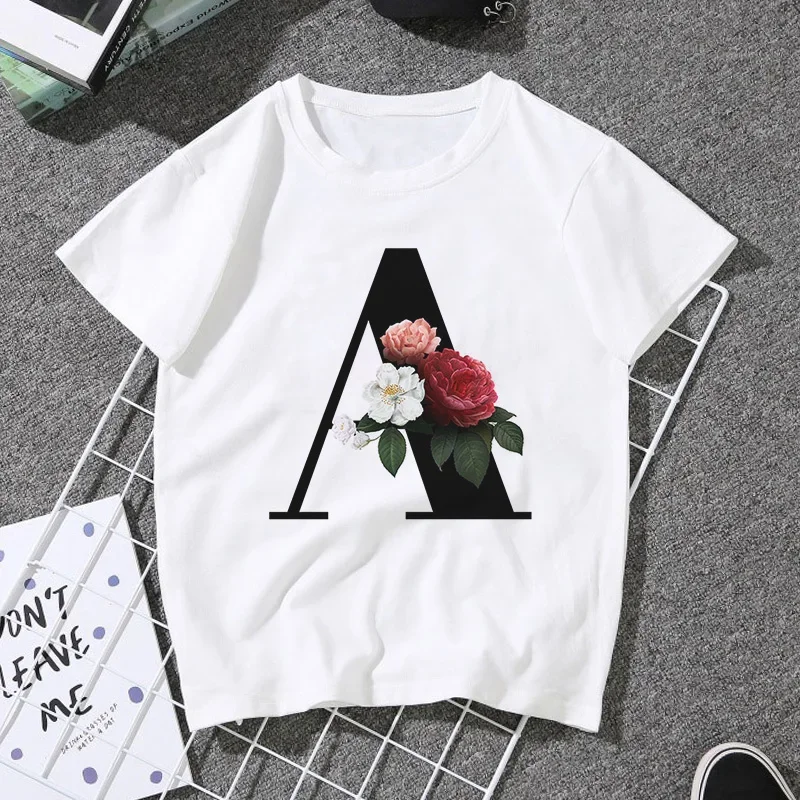 26 English Alphabet Print Tshirt Harajuku Casual White Tops T Shirt Women New Summer  Female T-Shirt