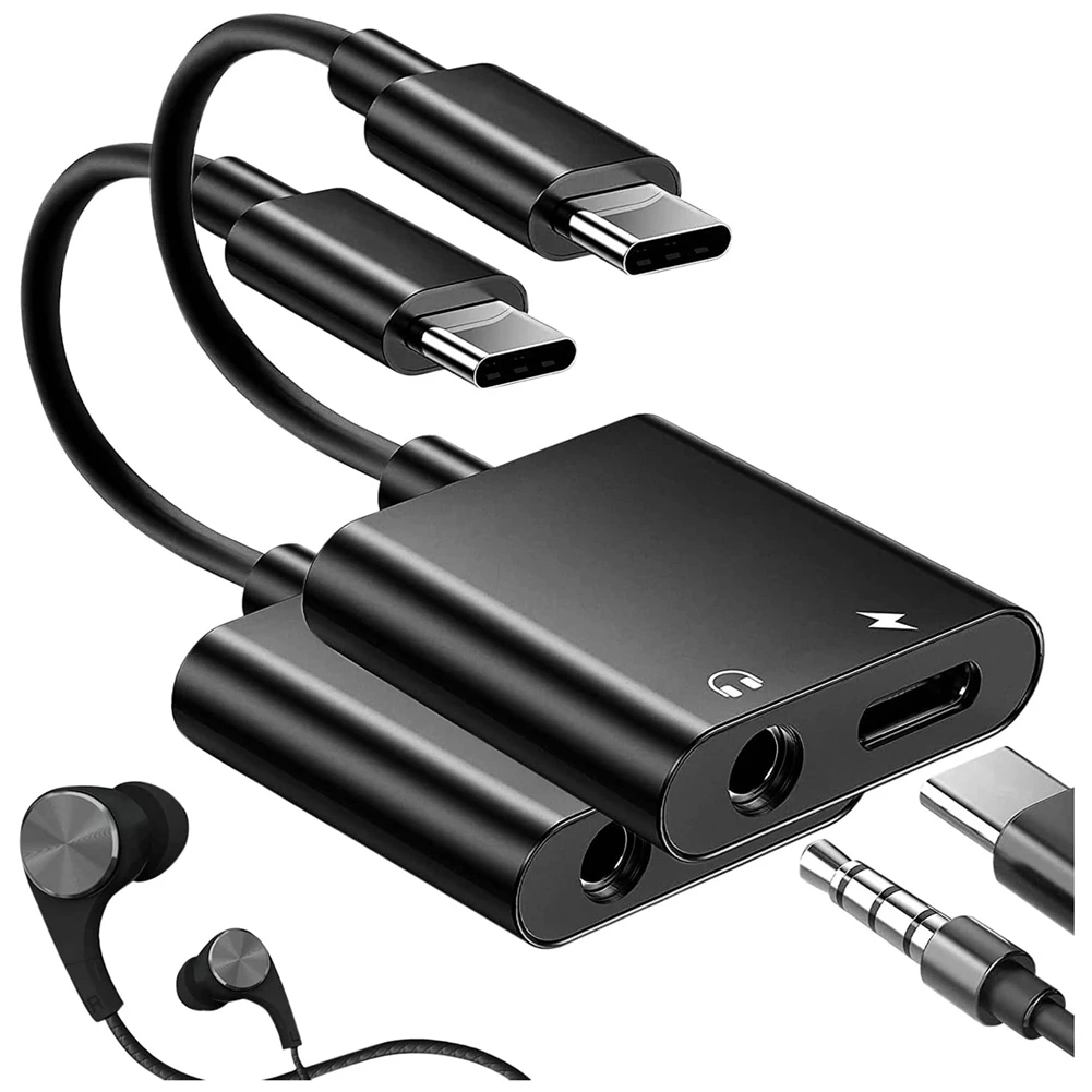 【متوفر】 محول شاحن USB C إلى 3.5 مم، 2 في 1 لهاتف Galaxy S22/S21/S20/S20+ Ultra، Note 20/10، Pixel 6/5/4/3 XL(Bla)