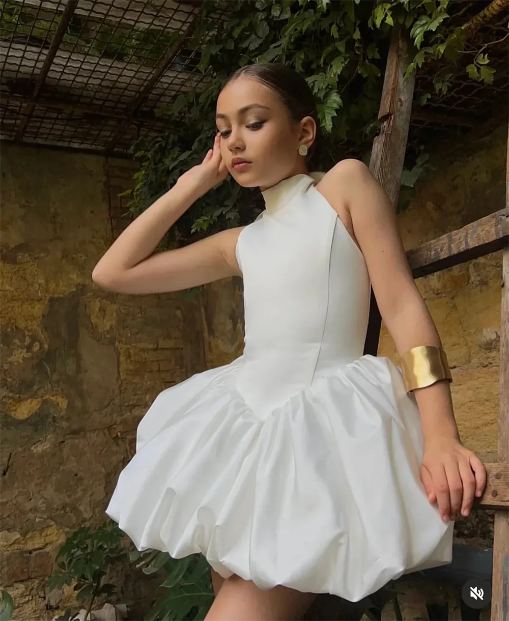 

Bow High Neck Ivory Flower Girl Dress Sleeveless Mermaid Puff Pleat Mini Length Formal First Communion Dress New 2026