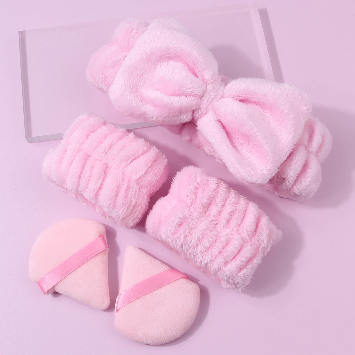 18PCS Pink multi-functional facial makeup brush set & triangular makeup powder puff & soft cleansing hairband wrist strap set