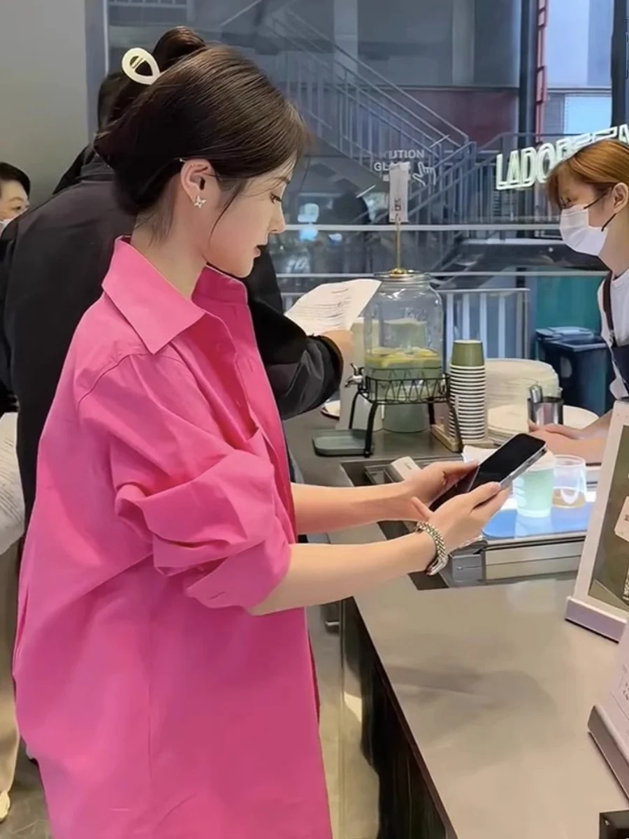 

Pink Long Sve Dopane Sun Protection irt Women's Autumn New Design Sense Outerwear Top Korean Sle Loose Fit Button D...