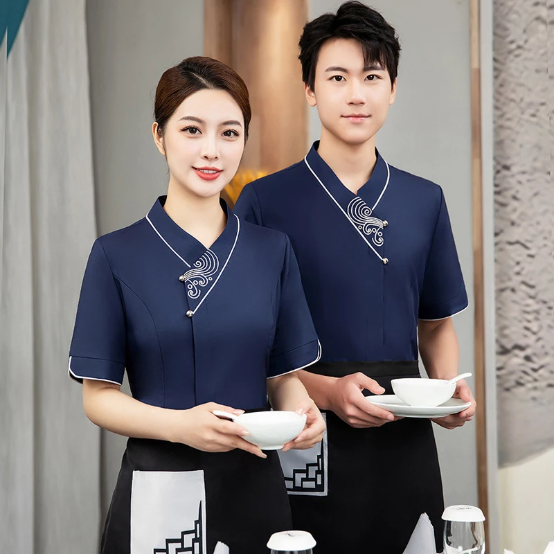

Рабочая униформа для официантов отеля с коротким рукавом в китайском стиле, летняя одежда для чайных, ресторанов, кейтеринга и кафе с хот-потом