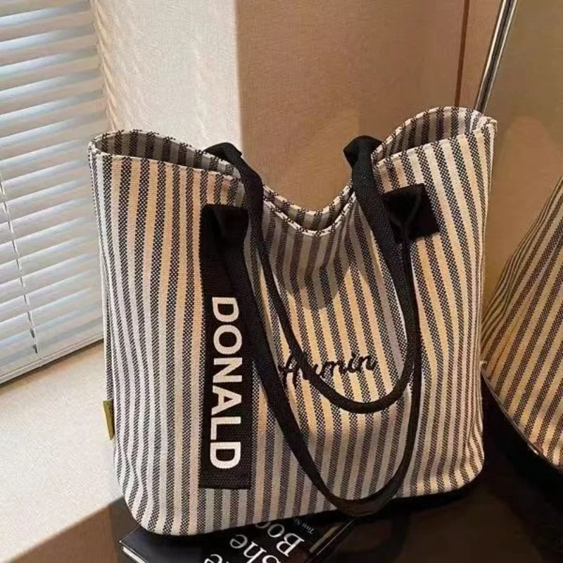 

Large Capacity Striped Canvas Tote Bag for Women, Korean Style Shoulder Purse with Top Handles, Casual Handbag Zipper Closure