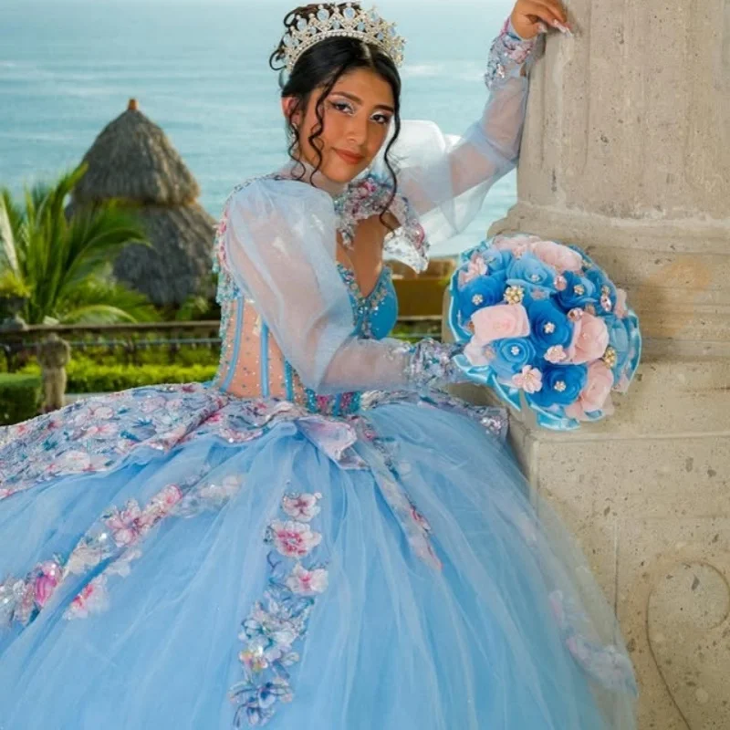 

Небесно-голубое платье Quinceanera с открытыми плечами и блестящими цветами, многослойное платье с длинным хвостом, платья de 15, Quinceanera ﻿ Настроить