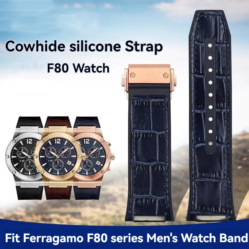 

Cowhide Rubber Bottom Watchband For Ferragamo F-80 Men's Watch Strap F80 Special Notch Sports Bracelet 26mm Folding Buckle