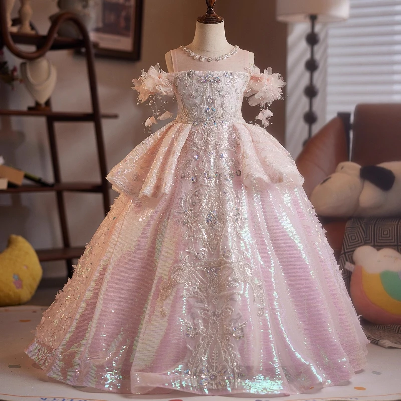 Children Birthday Party Dress Girls Princess Flower Girl Kids Gown Host Piano Performance Pageant Formal Celebration Dresses