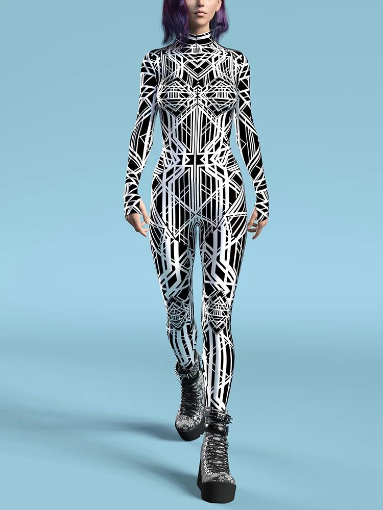 Damen Sexy Bodysuit Halloween Kunst Unregelmäßig Bedruckter Jumpsuit Festival Party Performance Zentai Anzug Rave Outfits Neu 2026 – Detail 7