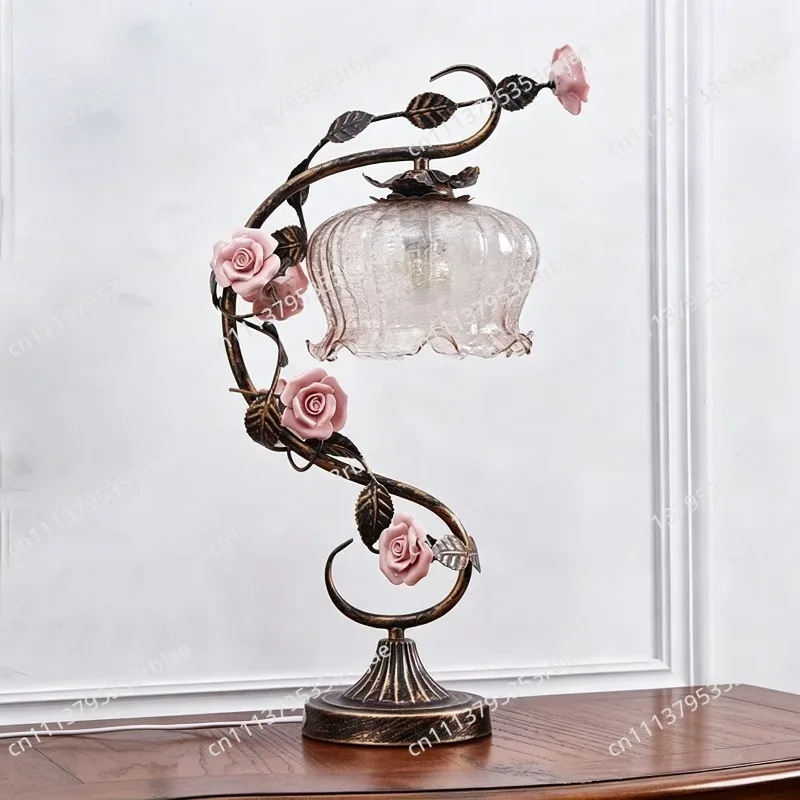 French vintage art table lamp vintage pastoral rose ambiance lamp bedroom living room nightstand lamp