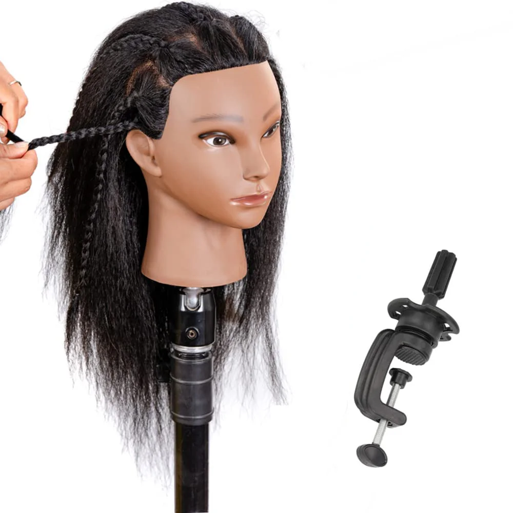 Women African Mannequin Head With 100% Real Hair For Styling Braiding Professional Afro Training Hairdressing Hairart Head Stand