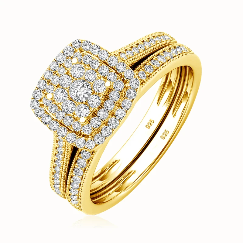 Quality Wedding Ring Set For Couple 18k Gold Plated Synthetic Diamonds Real 925 Sterling Silver Ring Gift Fine Jewelry