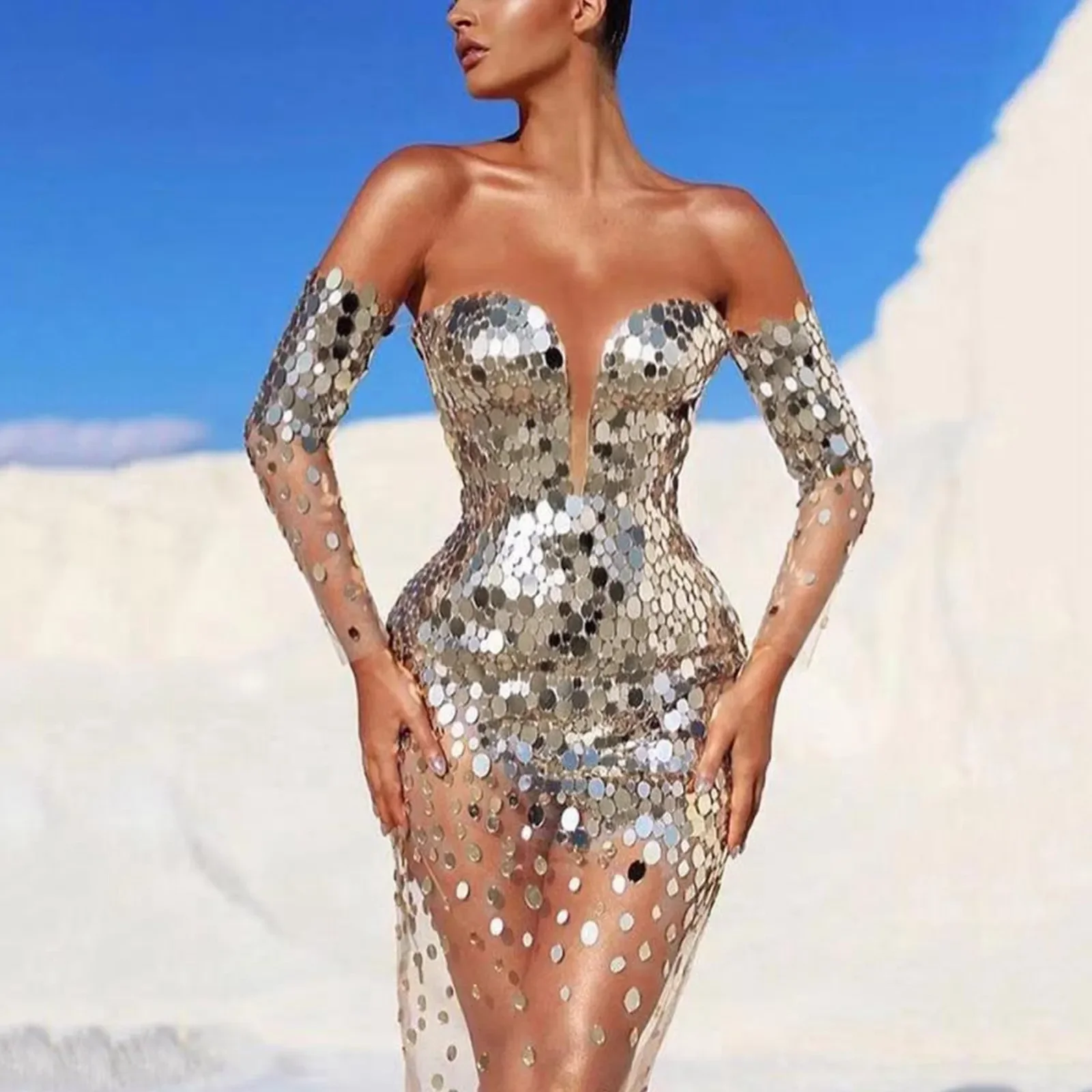 Robe longue en maille transparente à paillettes pour femmes, robes de soirée dorées à pampilles, robe de Rhsexy, robe de boîte de nuit, femme éducative, hors initié