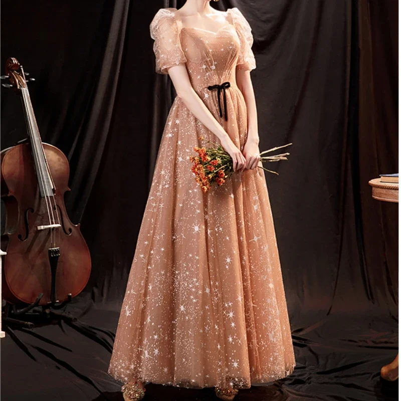 Customized Elegant Puff Sleeve Classic Square Collar Temperament Evening Dress Constrast Bow Design Prom Gown Exquisite Star Pri