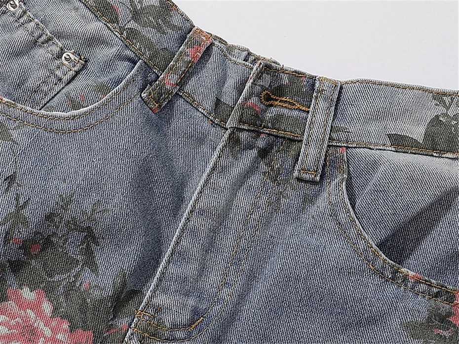 Jeans Gambar Bunga Penuh Celana Jeans Y2k Punk Pakaian Jalanan Pria Celana Denim Lebar Longgar Lubang Robek Antik Harajuku Pria